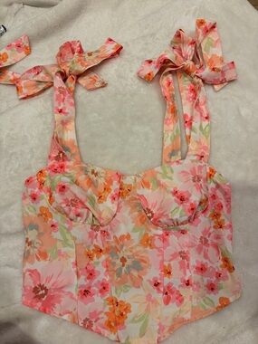 SHEIN Pink Multi Floral Tie-Shoulder Bustier Crop Top